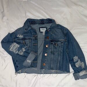 Cropped Denim Jacket with Distressing and Classic Collar